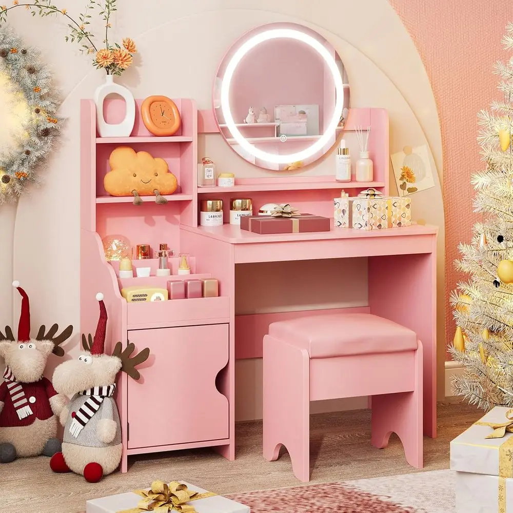 Children's Vanity Set with Lights, Storage, and Chair, Perfect for Little Girls' Pretend Play in Pink