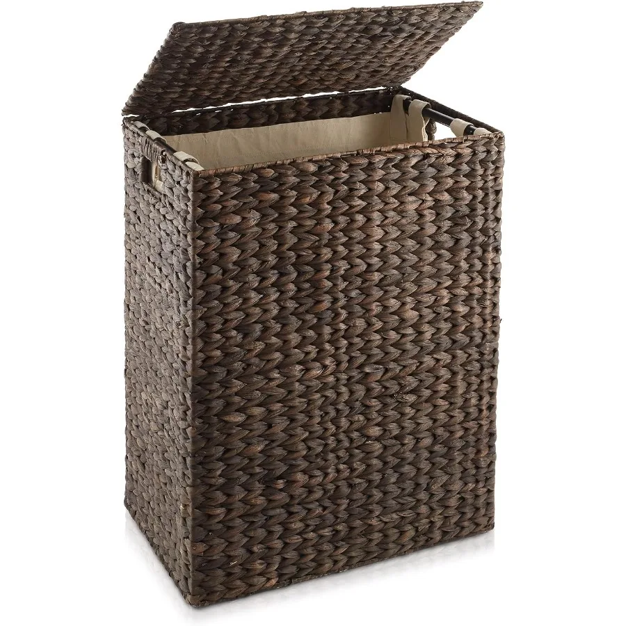 Large Laundry Hamper with Lid and Removable Liner Bag - Dark Brown, Woven Water Hyacinth Rectangular Laundry Basket Clothes Sor