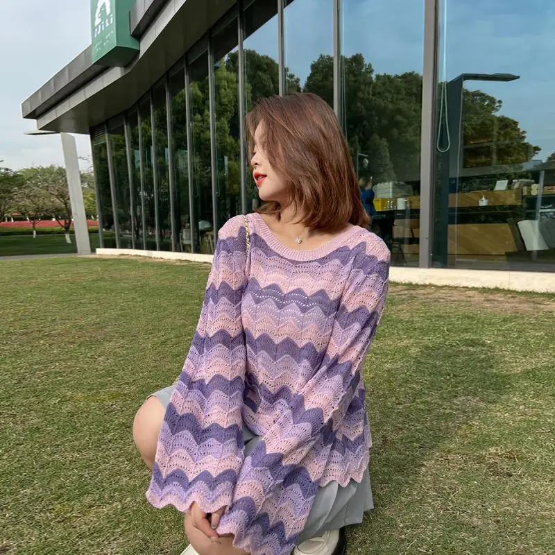 

Summer New Loose Slimming Hollow Out Contrasting Striped Ice Silk Knitted Long Sleeved Striped Fashion Top for Women