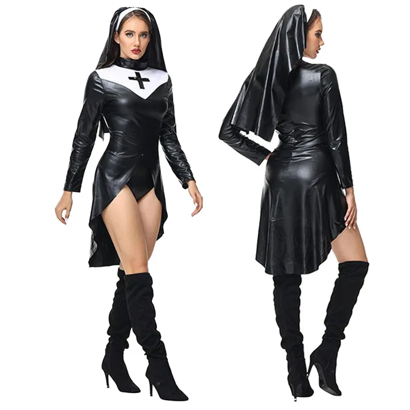 

Black Cross Nun Cosplay Costume Sexy Nurse Costumes for Women Cosplay Stage Costume Halloween Nun Costume with Hijab