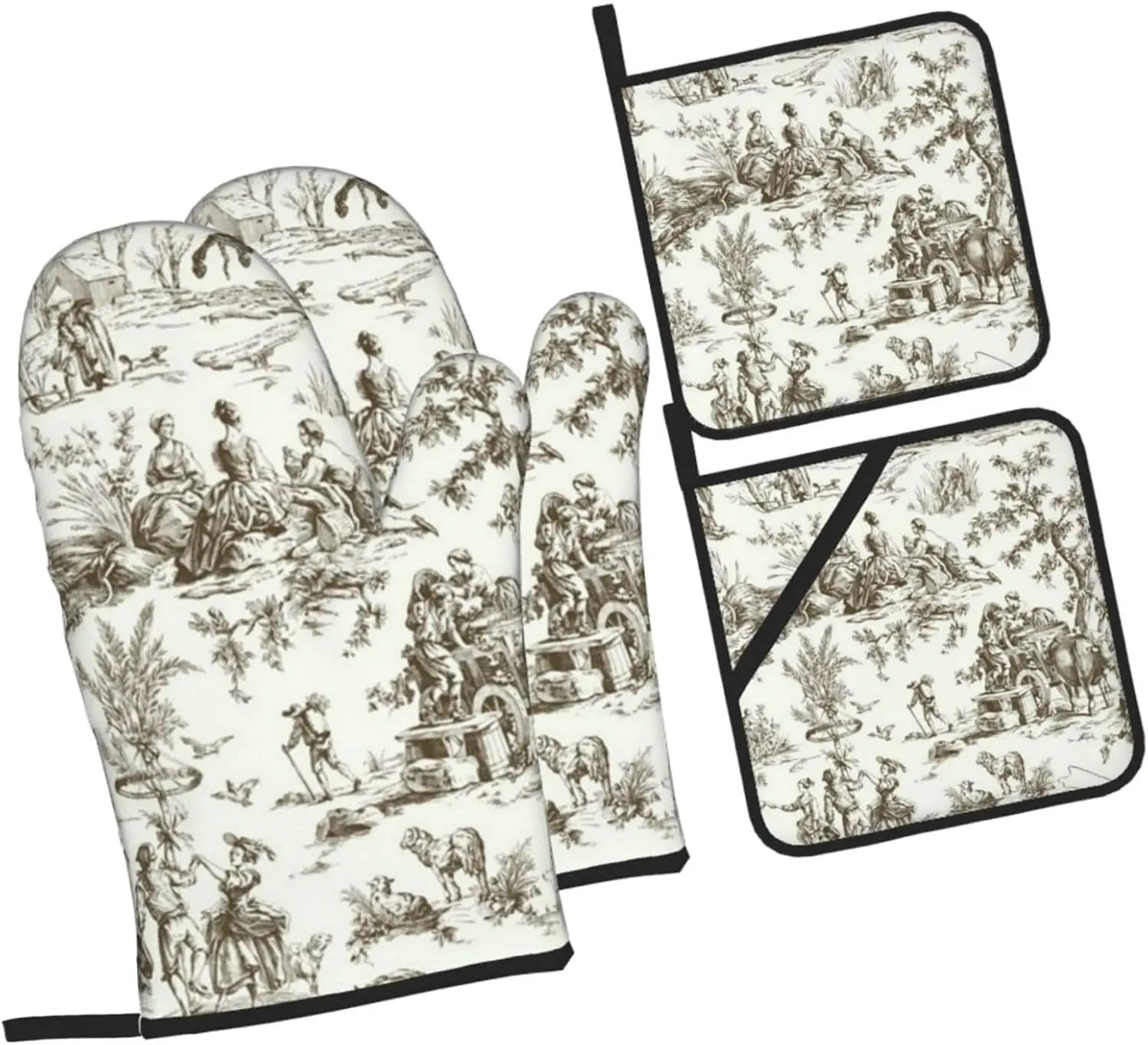 Brown French Country Toile Pattern Oven Mitts and Pot Holders Set of 4, Oven Mittens and Potholders Heat Resistant Gloves
