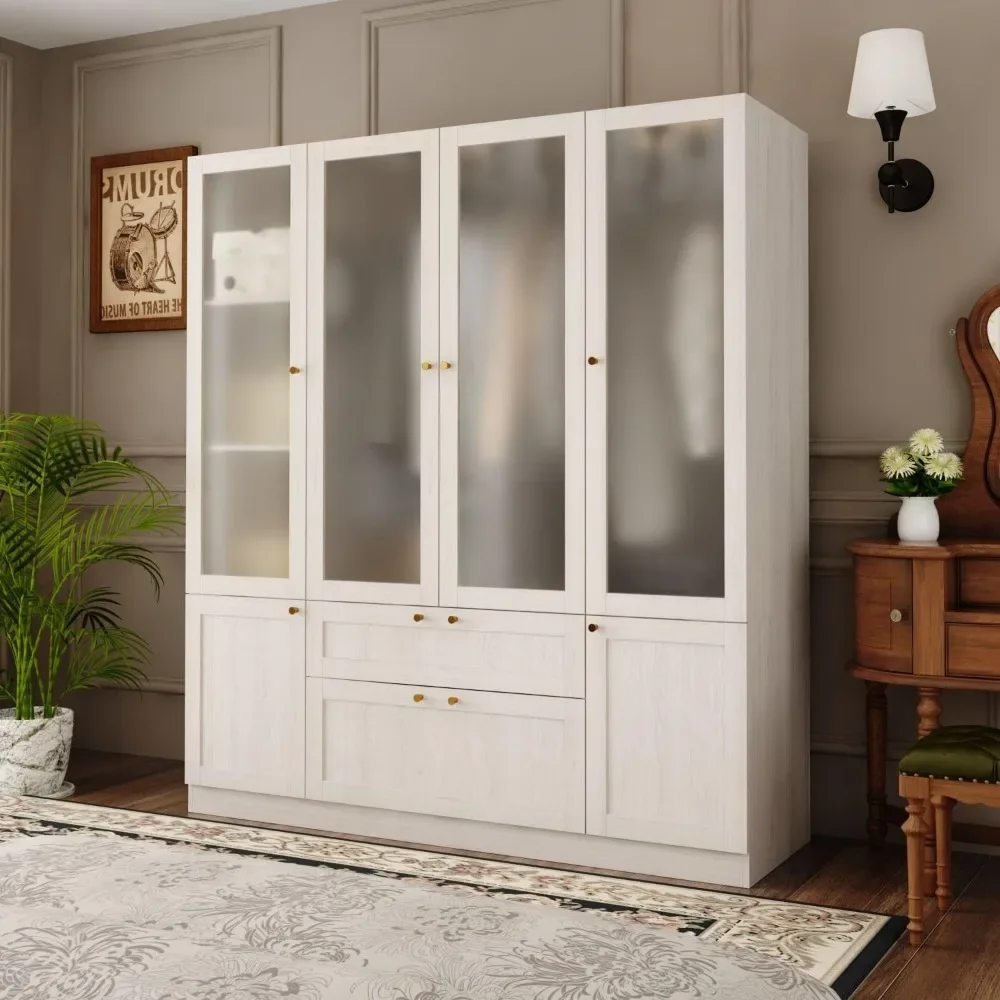 

4 Door Wardrobe Armoire Closet with Hanging Rods & 2 Drawers, Bedroom Armoire with Frosted Glass Doors, Clothes Wardrobe