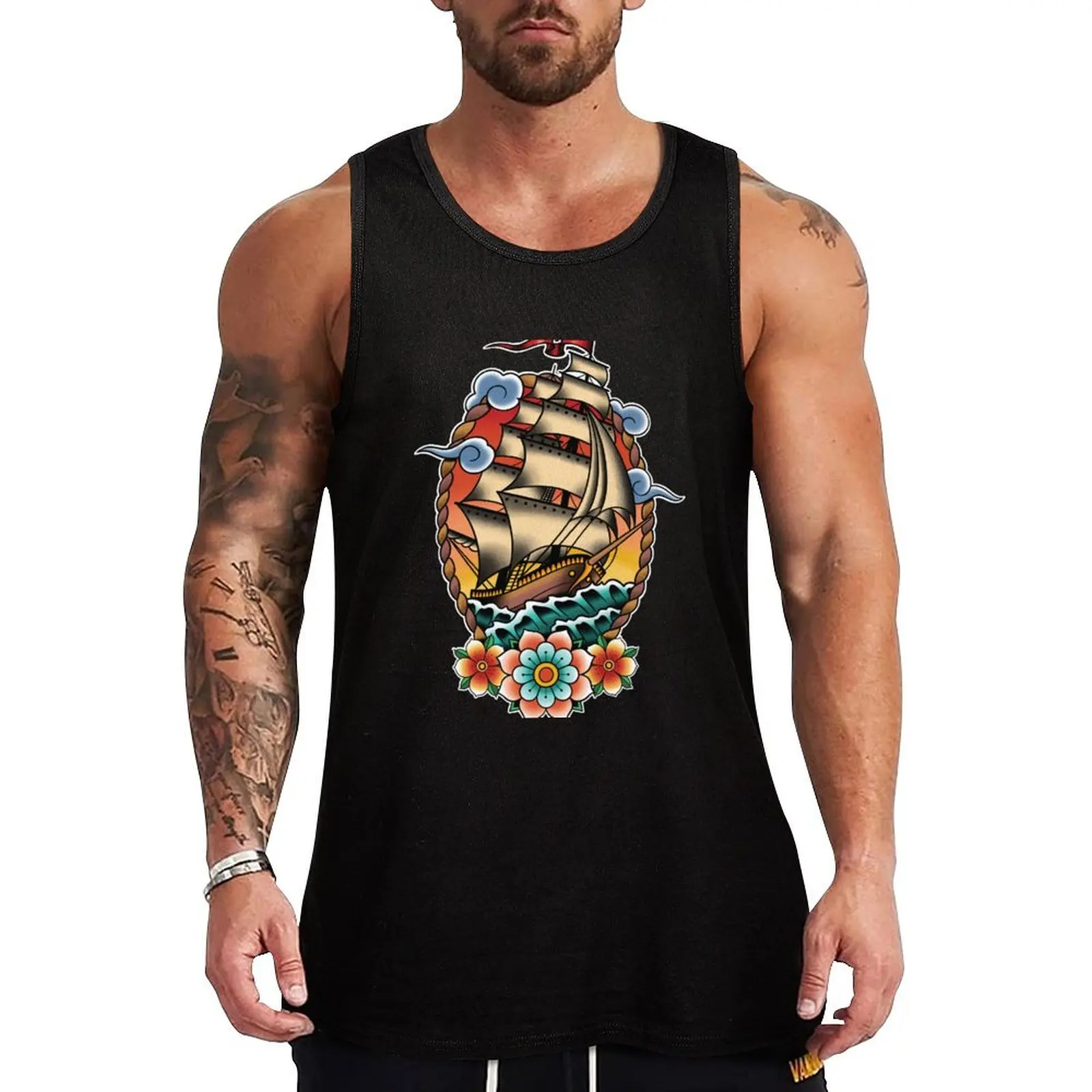 Traditional Tattoo Sailing Ship, Clipper Ship Illustration Tank Top Vests men clothings Gym t-shirt man
