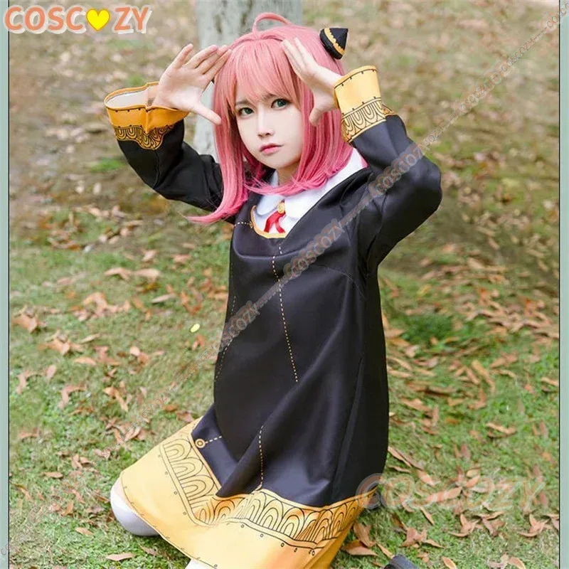 

Anime Spy x Family Anya Forger Cosplay Costume Adults Black Dress Kawaii Women Dress Pink Wig Party Role Play Outfits