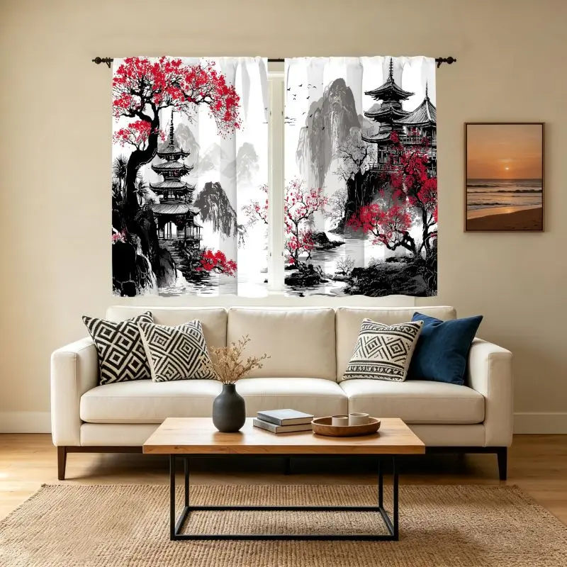 VIKAMA Asian Ink Art Short Curtains Chinese Mountain Red Blossom Pagoda Print Rod Pocket Small Window Drapes Kitchen Home Decor