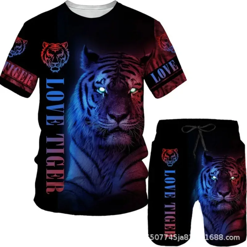 2025 Summer New 3D Printing Men's Casual Suit Lion and Tiger Print Series Men's Short-Sleeve Shorts Suit Round-Neck Casual Suit