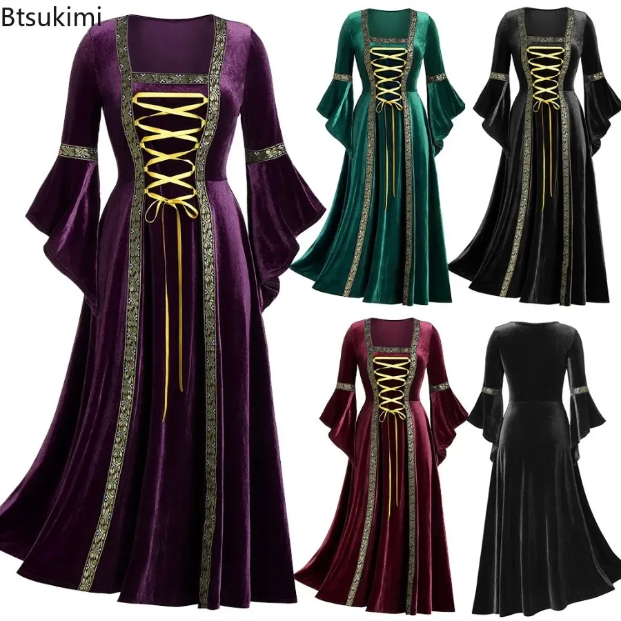 New 2026 Women's Punk Style Long Sleeve Lace Gold Velvet Dress Medieval Vintage Gothic Bandage Maxi Dress Women Cosplay Costumes