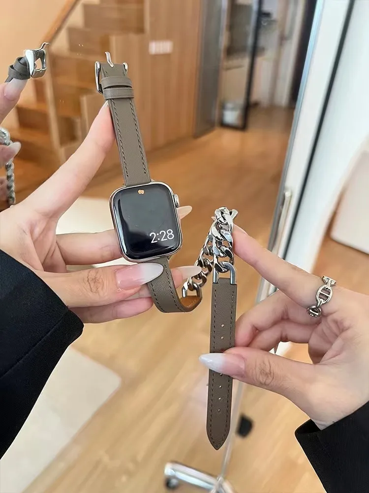 Pulseira de Couro Double Tour para Apple Watch, Correia de Metal para iWatch, Acessórios em Corrente, 40mm, 44mm, 49mm, SE8, 7, 6, 5, 4, 3, 38mm, 42 milímetros, 41 milímetros, 45 milímetros