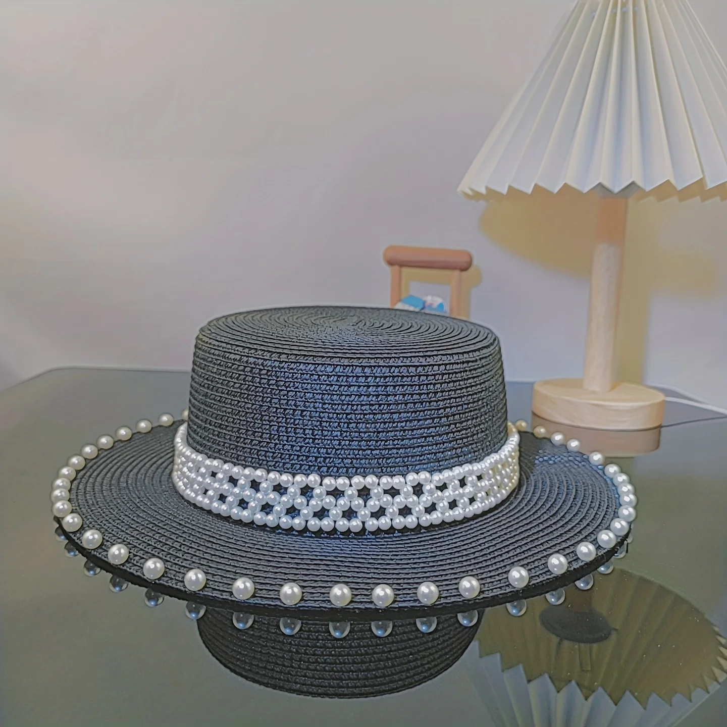 Stylish Summer Sun Protection Straw Hat with Faux Pearl Decor for Women - Stay Cool and Protected!