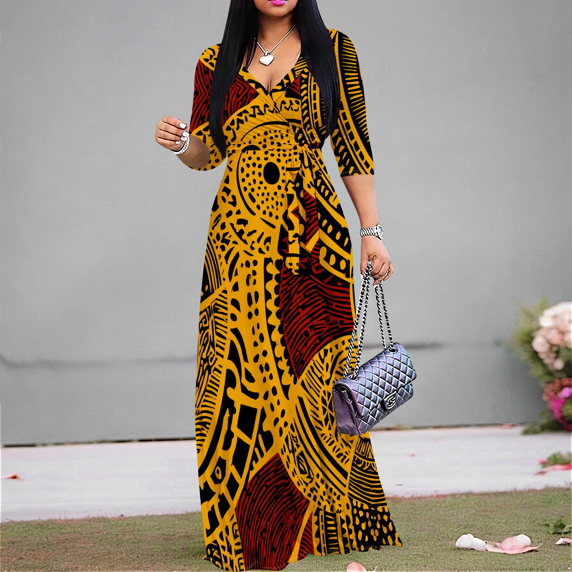 

Ethnic Print V-Neck Maxi Dress Women Elegant Three Quarter Sleeve High Waist Belted Party Holiday Dress 2025