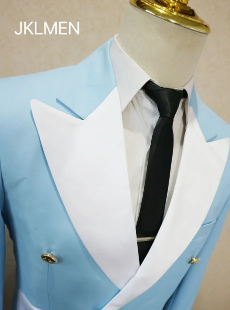 Costumes Pour Hommes Light Blue Smoking Jacket Pants Gold Buttons Party Tuxedo Dress Double Breasted Men Suits For Wedding Groom