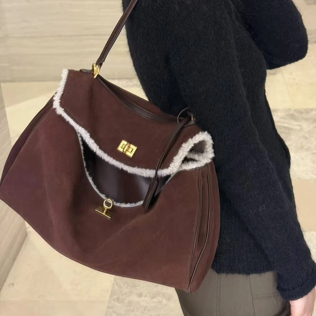 New Fashion Genuine Leather Suede Tote Bag  Soft Wool Fleece Trim Gold Turn Lock Versatile Underarm Shoulder Crossbody Handbag