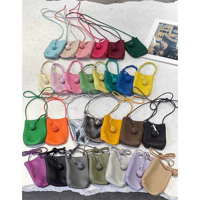 Cowhide Woman Casual Crossbody Bag Custom Initials Lady Travel Fashion Phone Bag With Handwoven Ball Luxury Bucket Bag Handbag