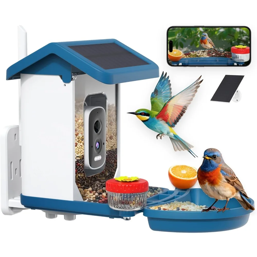 وحدة تغذية الطيور مع كاميرا تعمل بالطاقة الشمسية، بيت الطيور بالفيديو عالي الدقة بدقة 4K، تحديد أنواع الطيور بالذكاء الاصطناعي، البث المباشر والرؤية الليلية