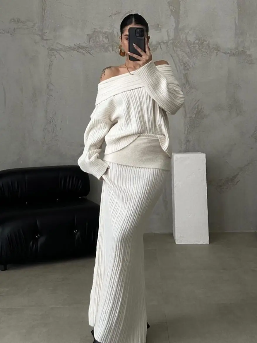 Winter Knitted Two Piece Set for Women Elegant Off Shoulder Sweater Pullover Top Slim Skirt Suit Fashion Office Ladies Outfits