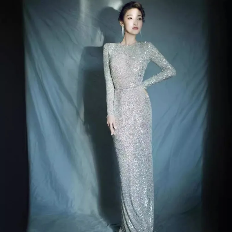 

Индивидуальное вечернее платье-русалка с длинным рукавом, круглым вырезом и пайетками для женщин, элегантное, для вечеринок