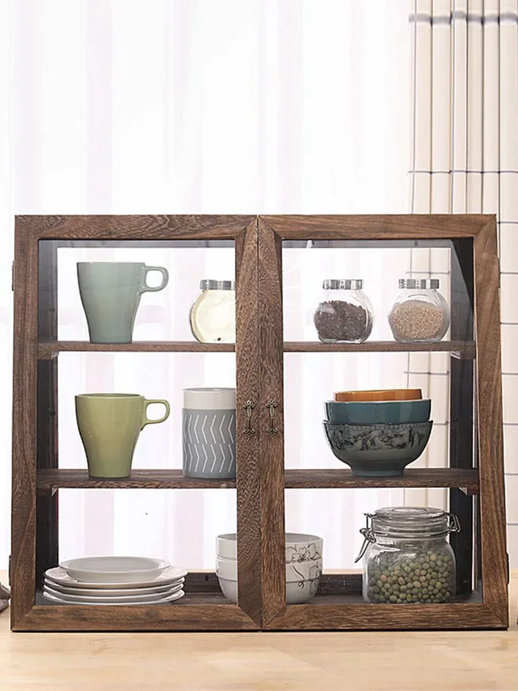 Solid wood display cabinet tea cup tea set dust cosmetics sideboard shelf storage cabinet cupboard tea cabinet