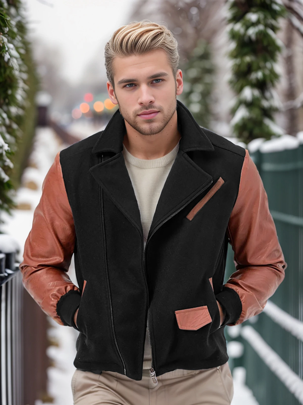 Men\'s new PU leather jacket spliced woolen lapel jacket color matching trendy versatile men\'s clothing zipper jacket