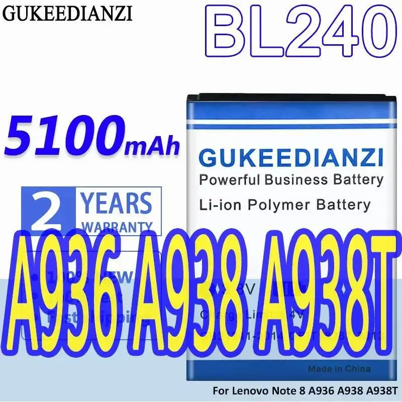 

BL240 Premium Replacement 5100Mah For Lenovo Note 8 A936 A938 A938T Long Lasting Mobile Phone Battery
