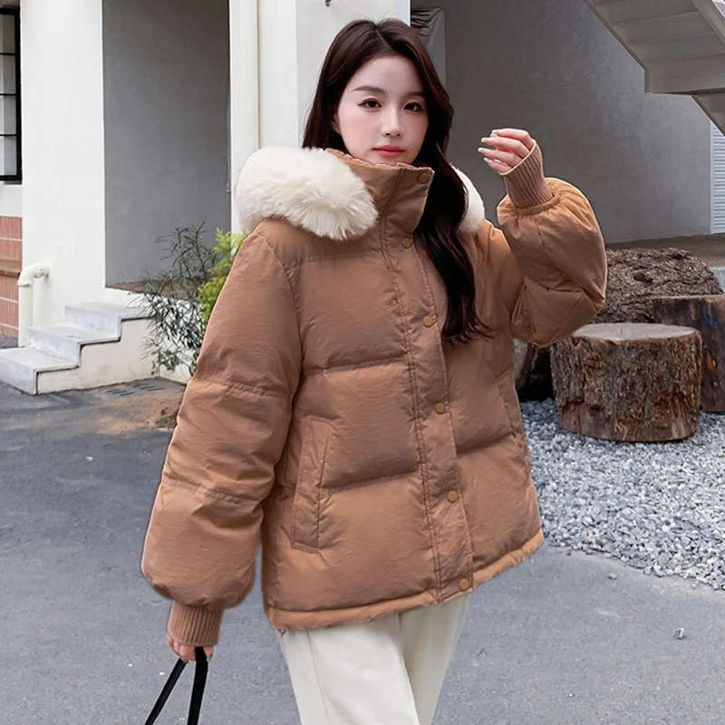 2023 Nieuwe Winter Vrouwen Grote Bontkraag Capuchon Effen Dons Katoenen Jas Winter Losse Vrouwen Korte Kleding Jas Parkas Outwear