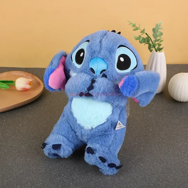 28cm Disney Stitch Angel Anime Pluszowa lalka z oświetleniem Muzyka Poduszka powietrzna Kawaii Uspokajająca zabawka Dziecko do spania Peluche