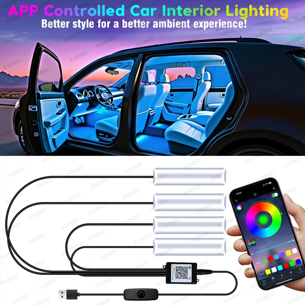 Car Interior Atmosphere Backlight Ambient Mood Foot Light Decorative APP Remote Control LED Lamp
