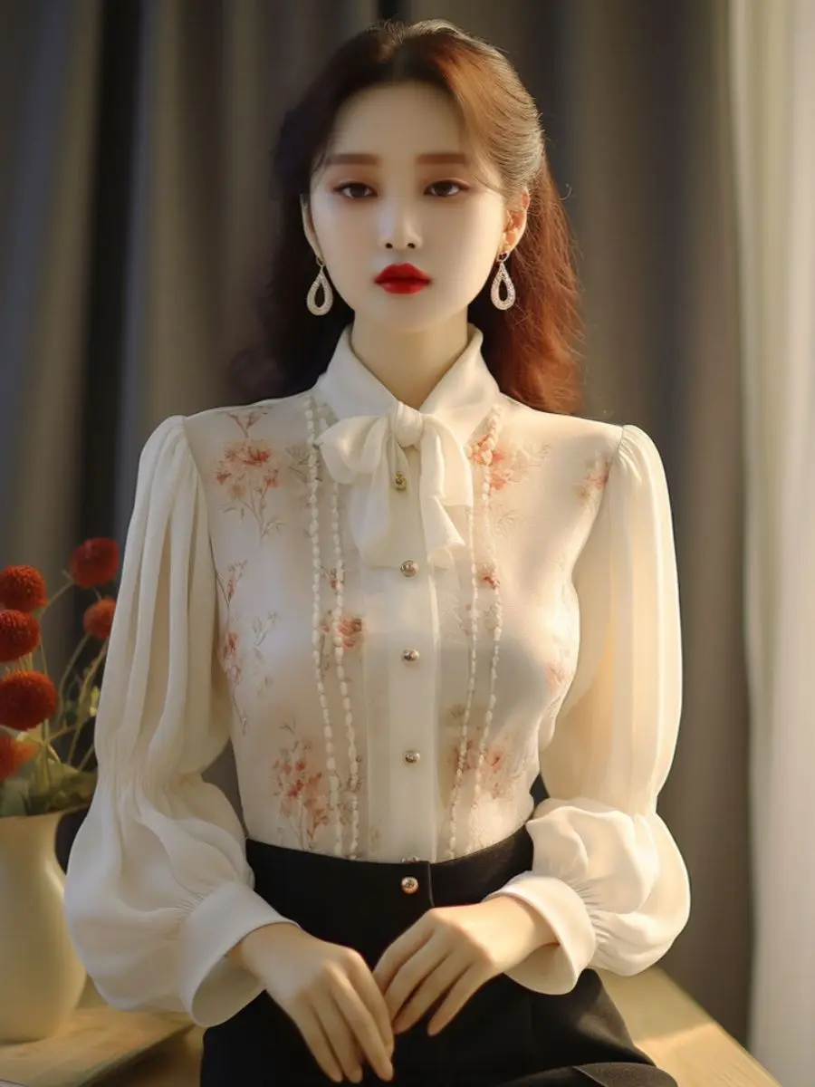 

2025 Ранняя весна, новая женская белая рубашка с цветочным принтом, французский топ, шикарный кардиган