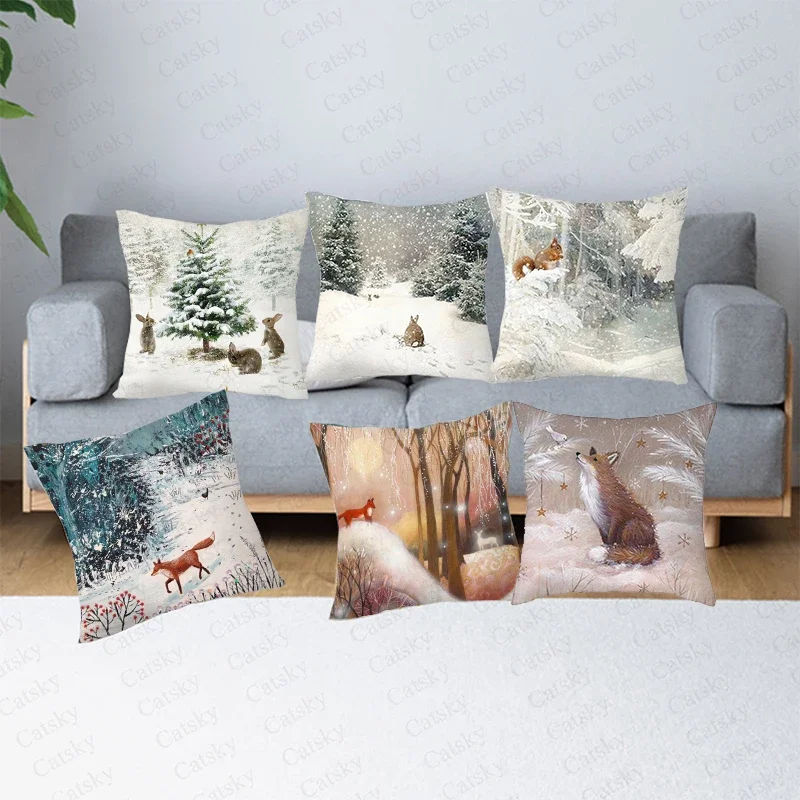 

Home Decor Cushion Cover Christmas Cute Animal Snow Night Print Pillow Cover Sofa Seat Pillowcase 45x45cm funda de almohada