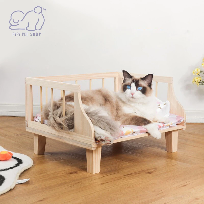 

Semi Enclosed Cat Wooden Frame Bed with Fence Sleeping Kitten Dog Princess Kennel Solid Handmade Four Seasons Teddy Pet Nest