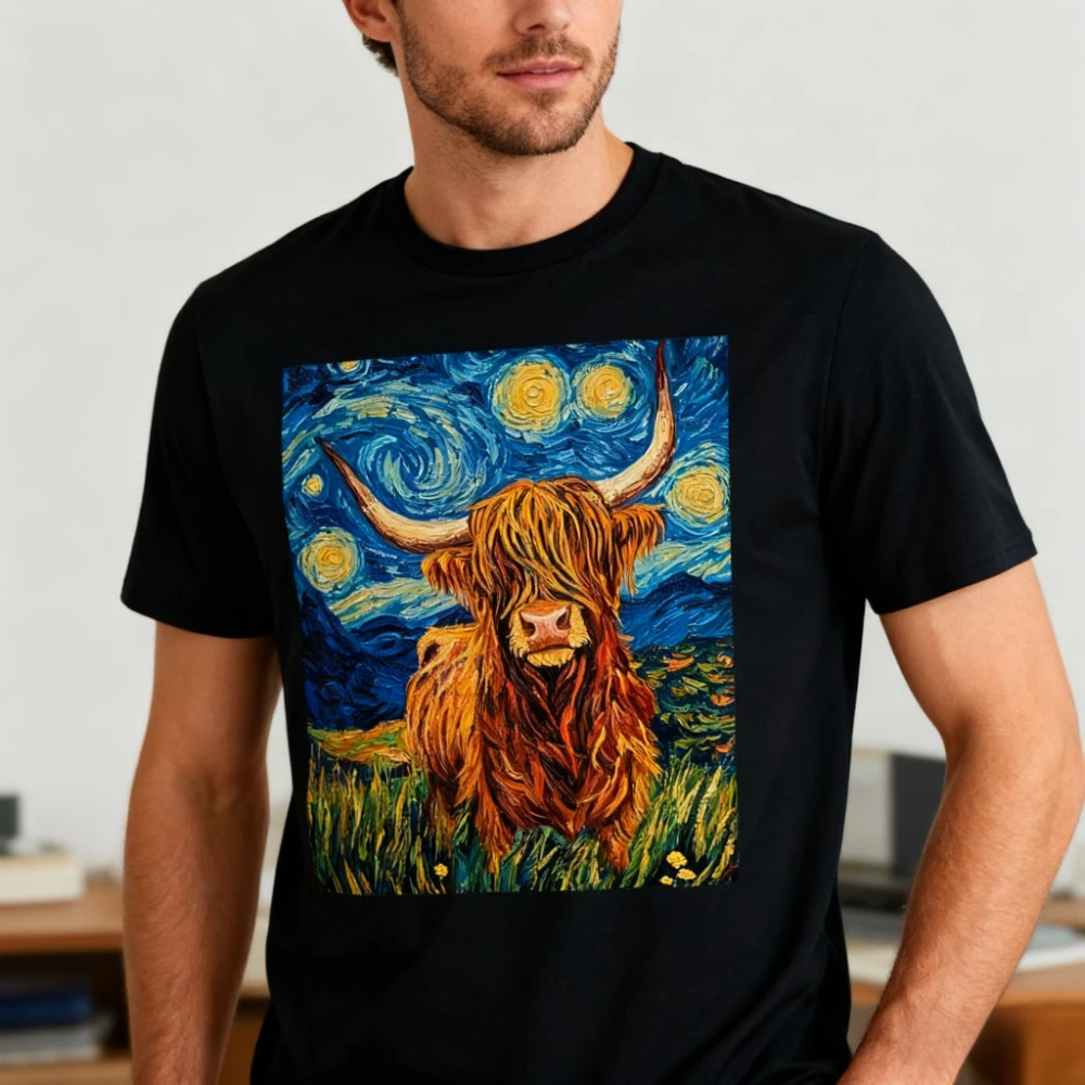 

Funny Highland Cow Graphic Tshirt Van Gogh Style Creative Printed T-shirt Starry Night Unisex T-Shirt Men Women Fashion Tops