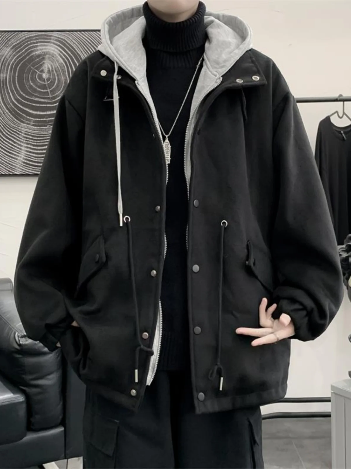 

Мужское шерстяное пальто K Sle High Street, свободный крой, с капюшоном, осенне-зимнее, в корейском стиле, модное, молодежное, удлиненное, на молнии