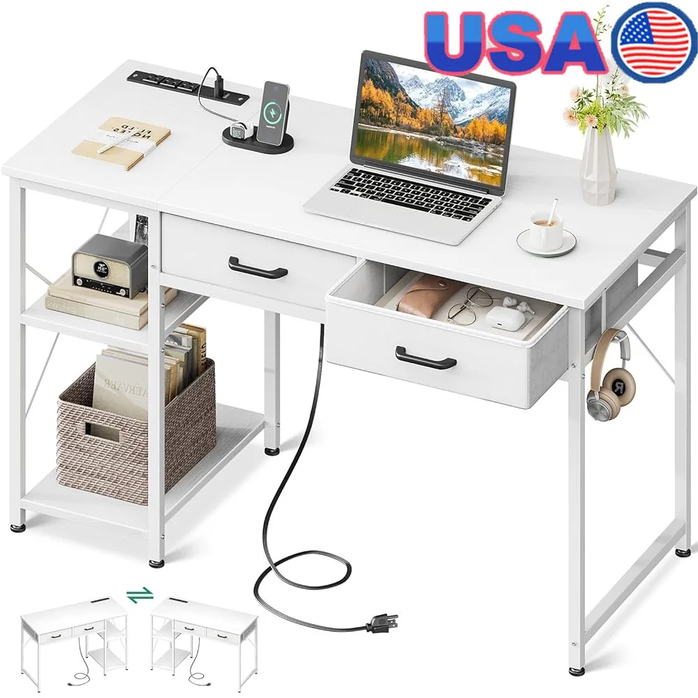 

Compact Laptop Desk with Drawers Power Outlet Reversible Storage Shelves Small Home Office Study Desk Easy Assembly