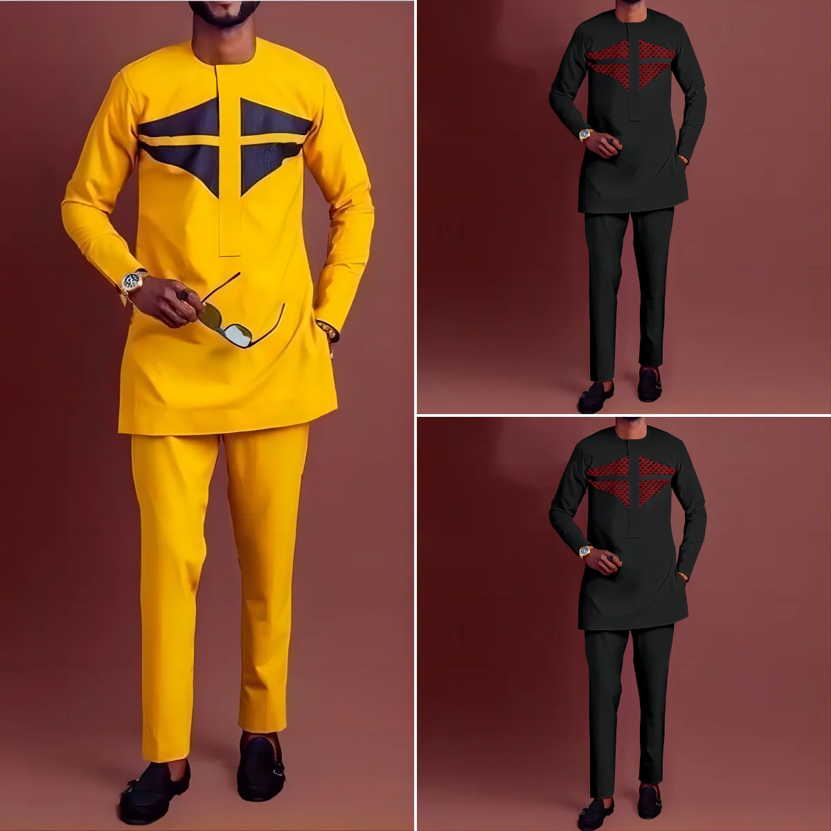 2023 Summer New Dashiki Long Sleeve 2-Piece Banquet Daily Ethnic Classic Costume Print Men\'s Shirt Long Pants Slim Fit Men\'s Set