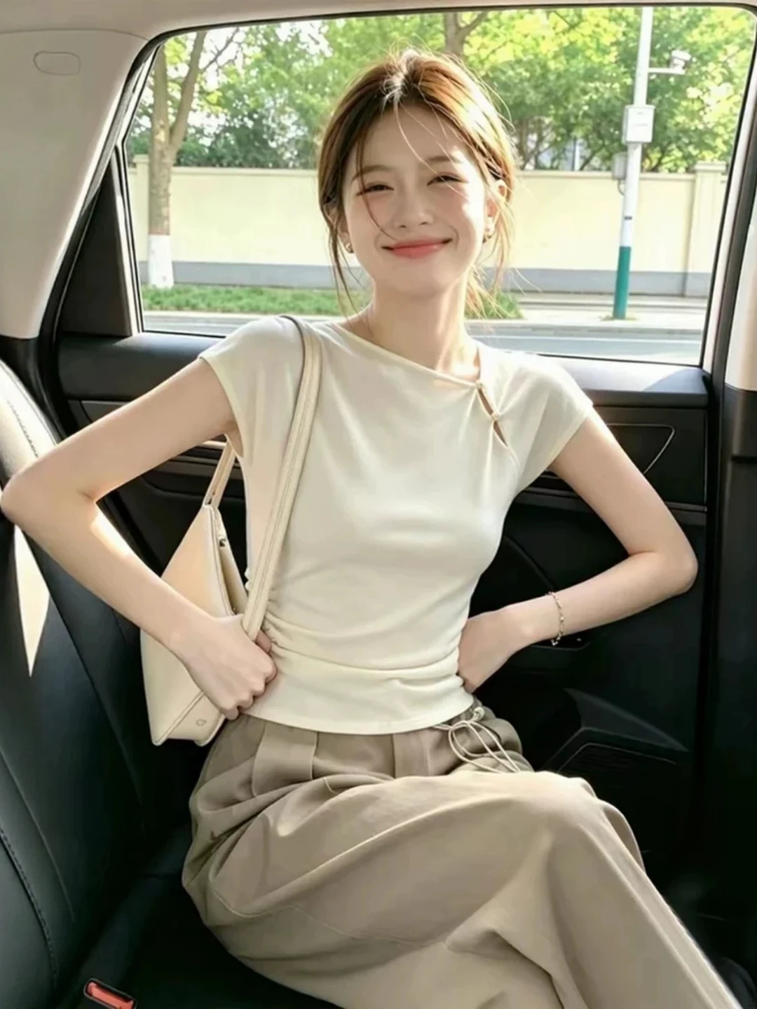 Korean Style Women's Slim Fit Short Sleeve T-Shirt Summer Unique Beautiful Asymmetrical Neckline Fat MM Large Size Clothing