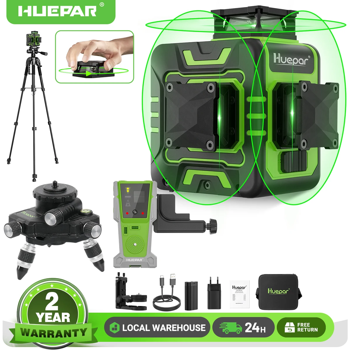 

Huepar 3D 12 Lines Osram Laser Level Self-Leveling Green 360°Horizontal Vertical Cross Lines Rotatable Laser Window Laser Tool