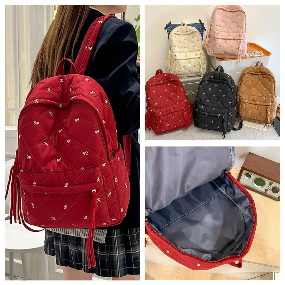 

Preppy Style Embroidered Bow Backpack Embroidery Bownot Nylon Backpack Korean Style Large Capacity Students School Bag Women