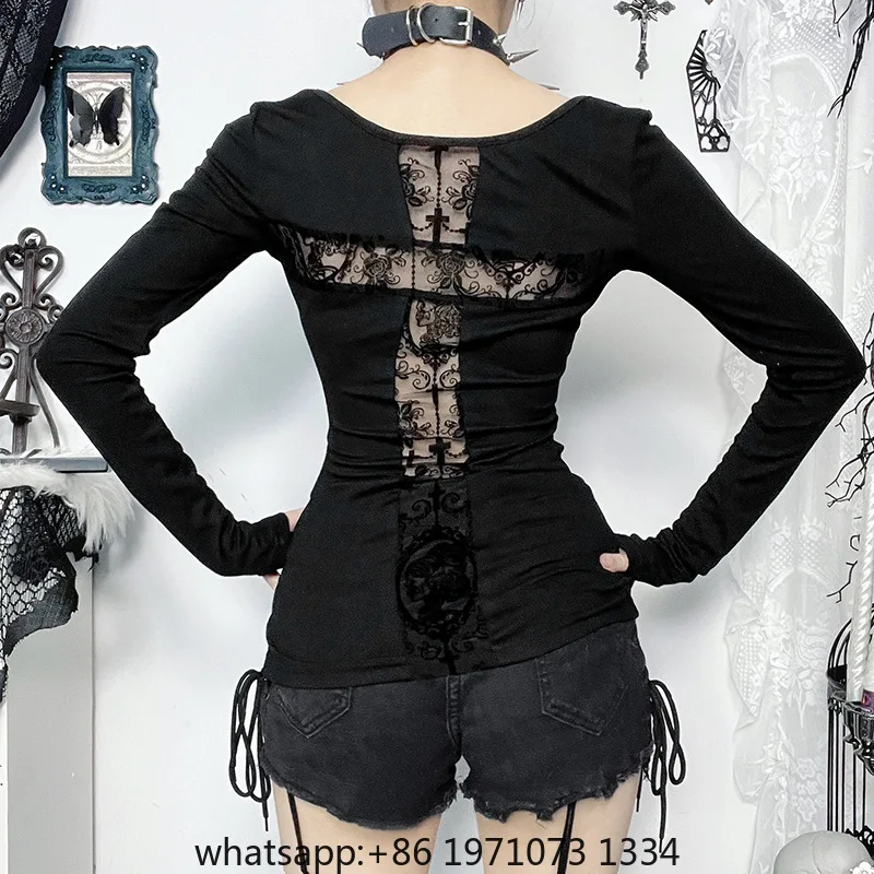 Goth Dark Sexy Lace Patchwork Cross Long Sleeve Pulloves T-shirts Cyber Y2K Women Streetwear Mall Gothic Slim Tops Alt T-shirt