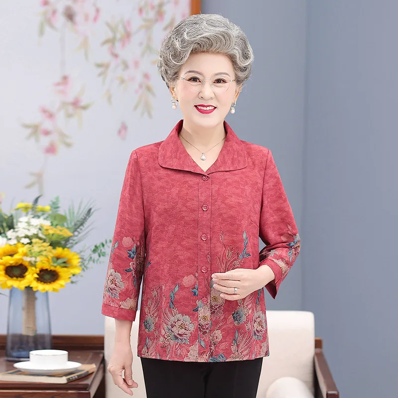 Elderly People Summer Clothes 60-70 Years Old Grandma Shirts Three Quarter Sleeves Casual Cardigan Blouse Women Blusas 7XL 8XL