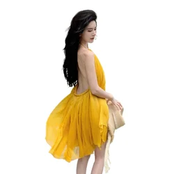 2024 New Fairy Summer Hawaiian Mini Dress Women Yellow One Piece Chic Dresses Elegant Luxury Evening Grunge Gentle Y2K Dress