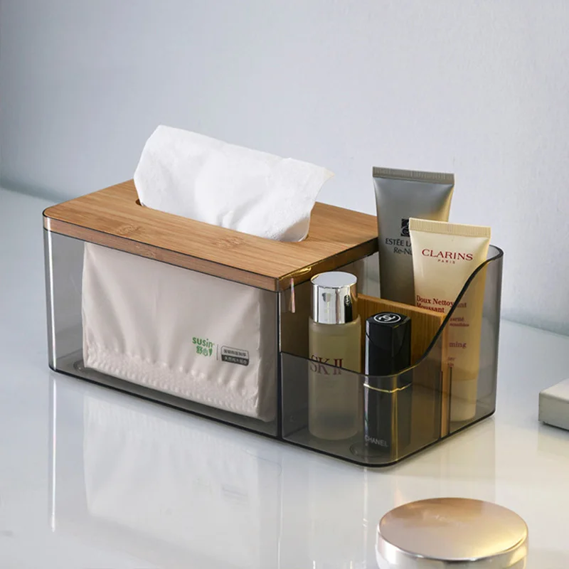 Bamboo Lid Tissue Holder Plastic Clear Multi-Function Tissue Box Kitchen Dining Table Tissue Dispenser Desktop Napkin Container