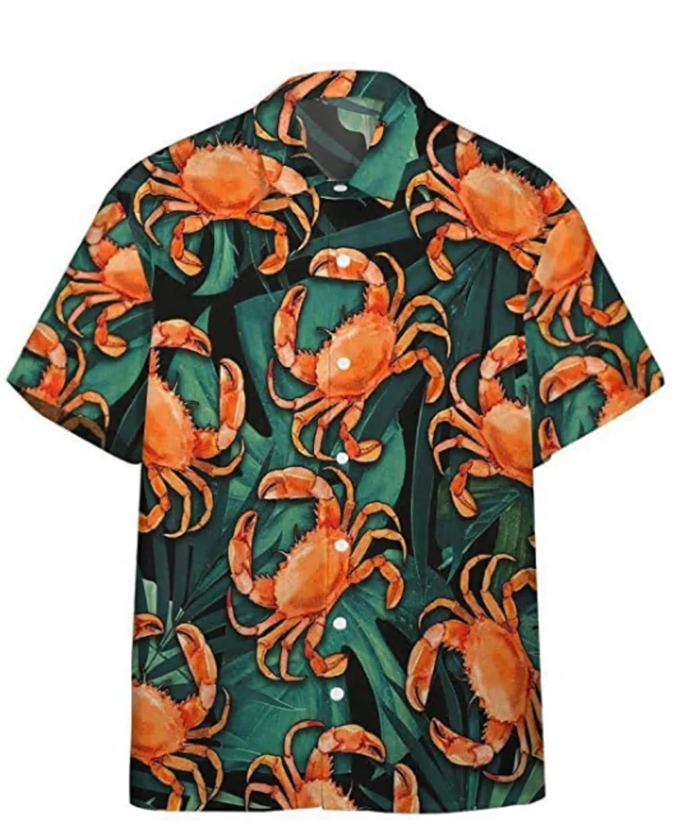 

New Hawaii Shirts Kawaii Crab Print Beach Style Short Sleeve Button Up Shirts Summer Oversize for Men And Women
