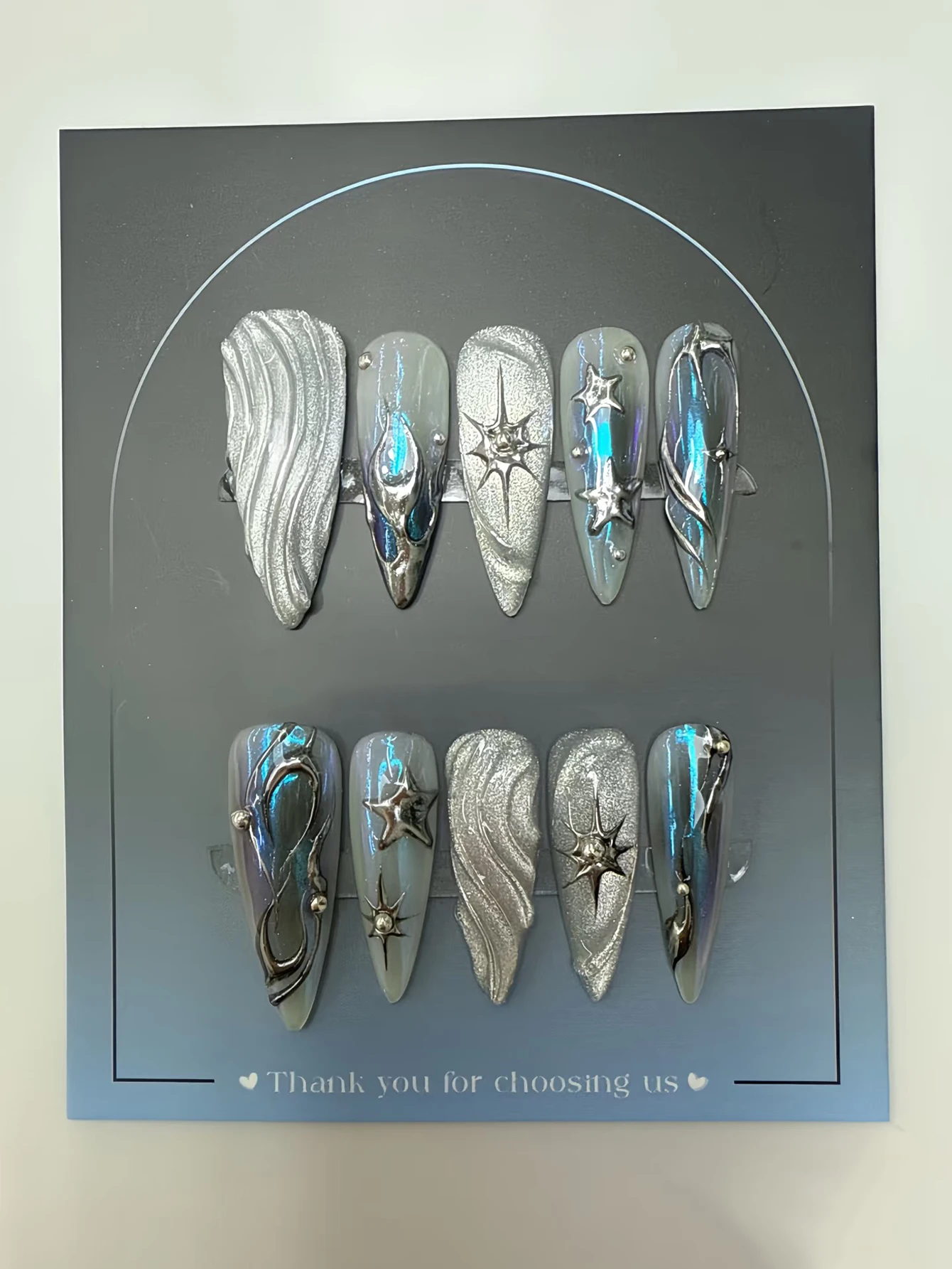 10-Piece Handcrafted Press-on Nails – Long Stiletto Shape – Aurora Shell Pattern with Liquid Metal and Starburst Accents