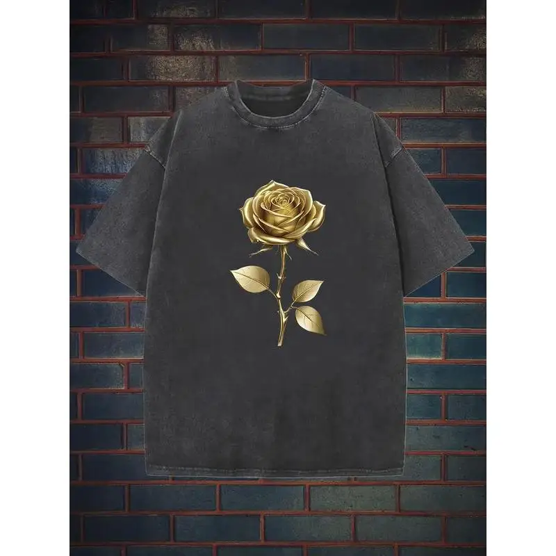 

Unisex Gold Rose Graphic T-Shirt, Elegant Floral Print Tee, Vintage Oversized Summer Streetwear for Men & Women