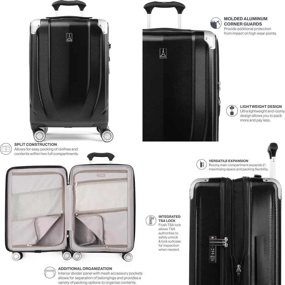 Lightweight Expandable Hard Shell Carry-On Luggage with 8 Spinner Wheels, 21 Inch, Black, Ideal for Travel and Business Trips