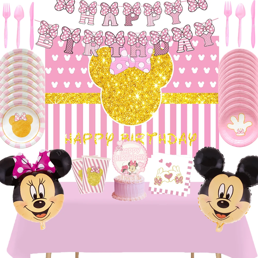 

Pink Minnie Mouse Birthday Party Decoration Pink And Gold Disposable Tableware Girls Background Baby Shower Supplies Child Gifts