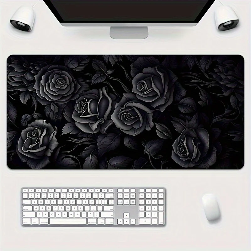 

Black rose-patterned mousepad is durable with sewn edges and a waterproof and anti-slip rubber, making it suitable for offices