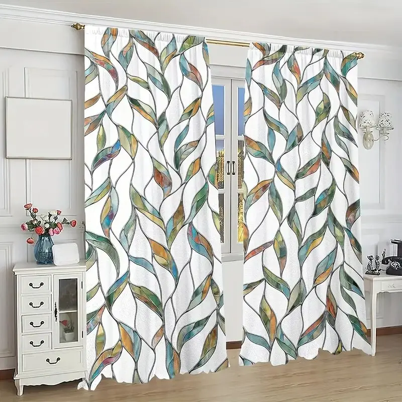 2PCS- Colored imitation glass leaf pattern printed curtains, window decoration, home decoration, room decoration