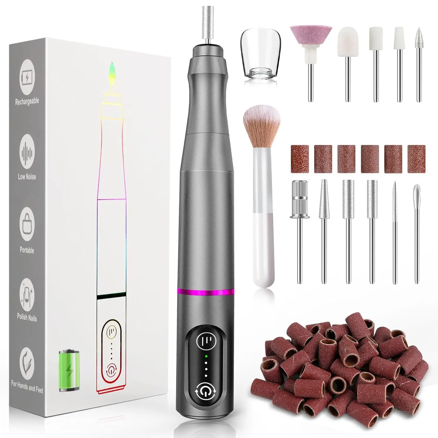 Cordless Nail Drill Kit, Rechargeable Efile with 11 Bits and 56 Sanding Bands for Salon Home Use