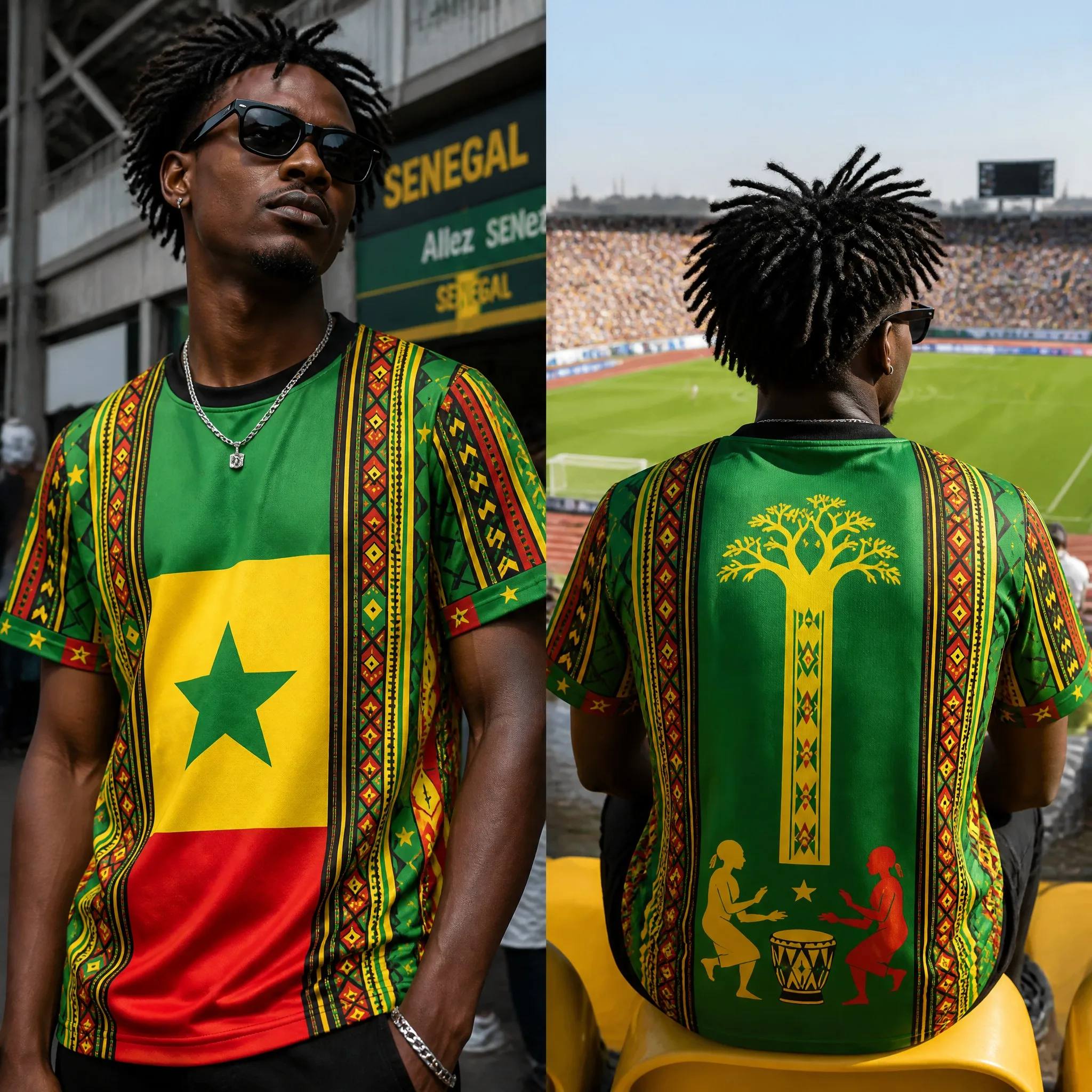Senegal Mens Flag Panel Baobab Graphic Tee Green Short Sleeve Fan Shirt Street Stadium Casual Heritage Pride Top All Day Comfort