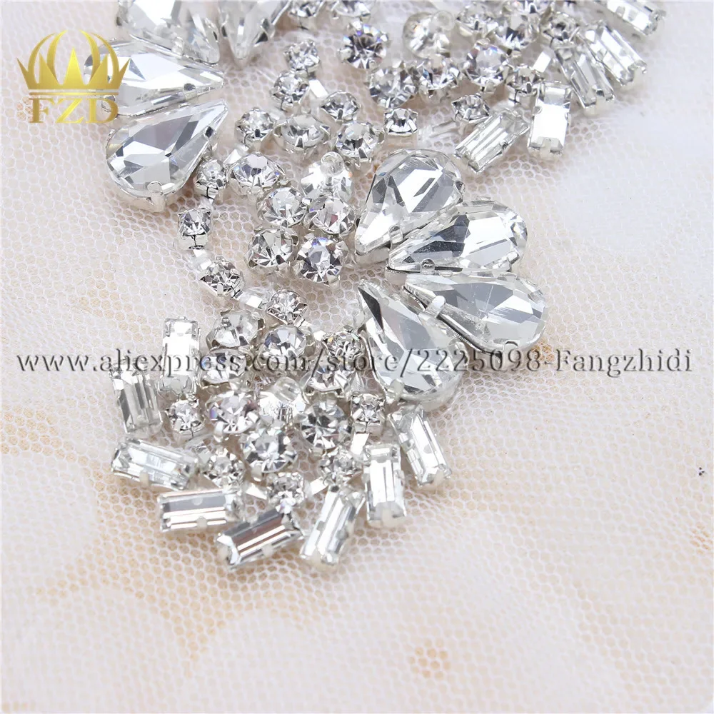 FZD 1 Piece Handmade Rhinestones Sewing on Crystal white Gauze Applique Rhinestone Trim for Wedding Bridal Dress Clothes FA-880